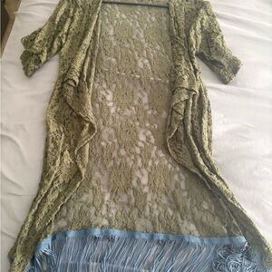 LuLaRoe Lace Cardigan with Fringe - Olive and Blue